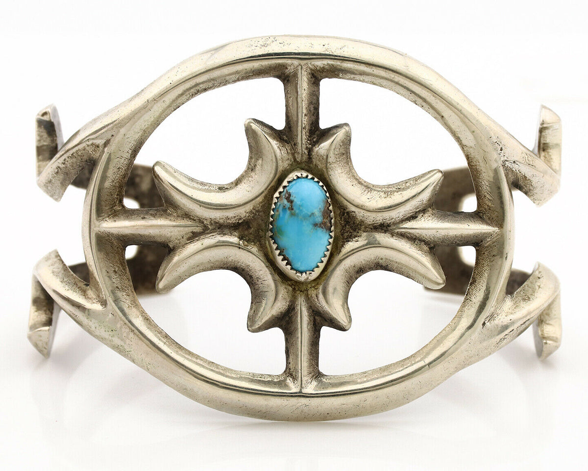 Navajo Sand Cast Cuff Bracelet .925 Silver Morenci Turquoise Native Artist C.80s