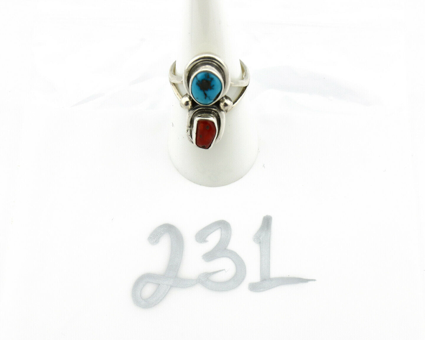Navajo Ring .925 Silver Red Coral & Blue Turquoise Native Artist C.80's