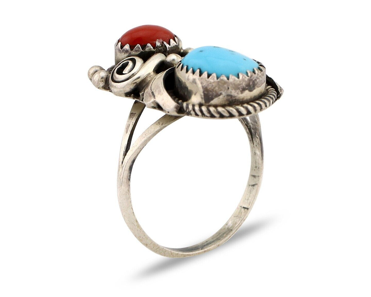 Navajo Ring 925 Silver Blue Turquiose & Coral Artist Signed Justin Morris C.80's