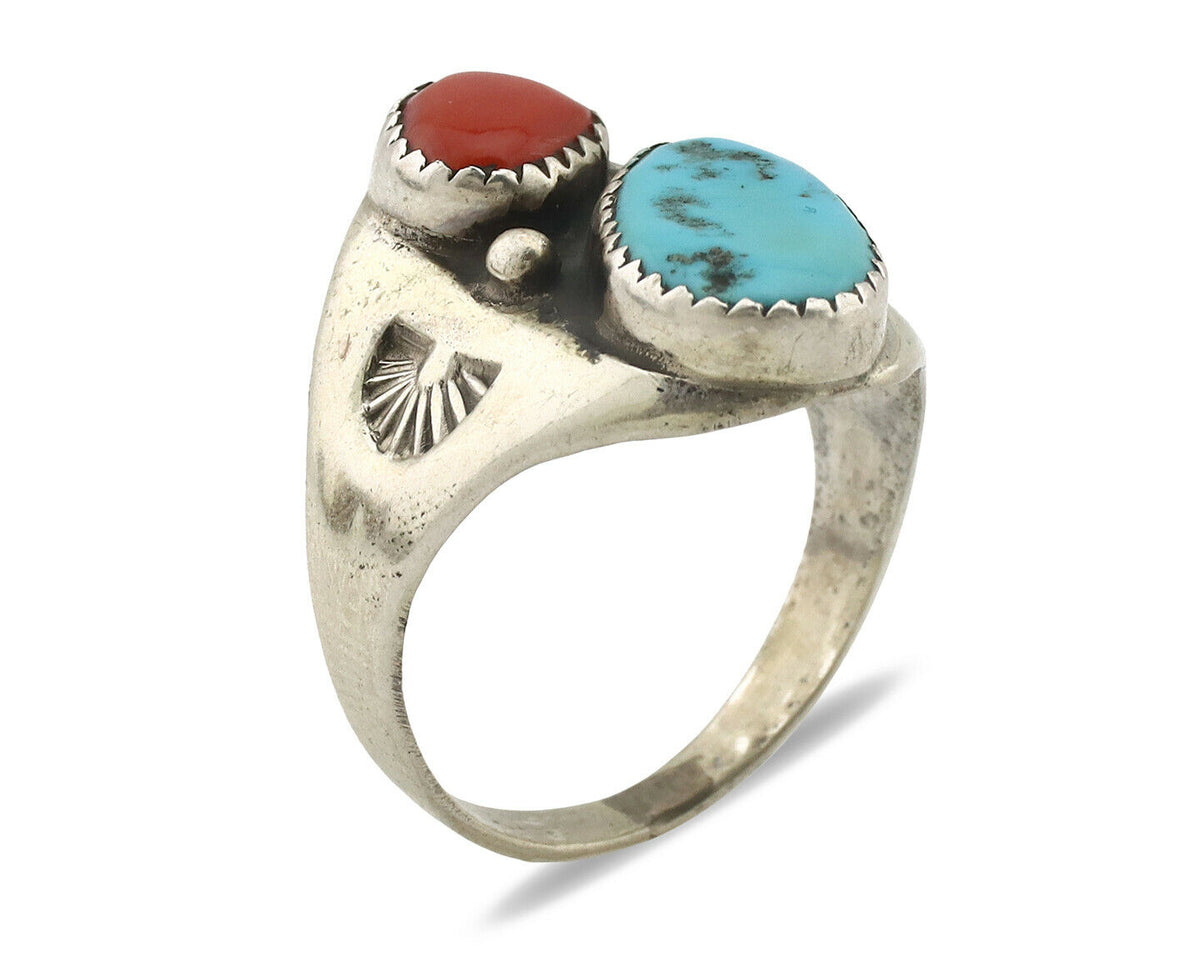 Zuni Ring .925 Silver Natural Turquoise & Coral Native American Artist C.1980's