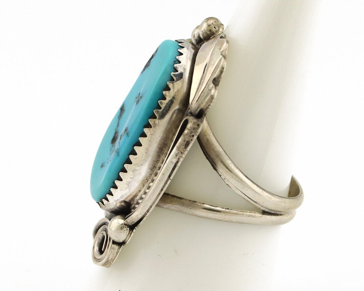 Navajo Inlay Band Ring 925 Silver Sleeping B Turquoise Signed Justin Morris C80s