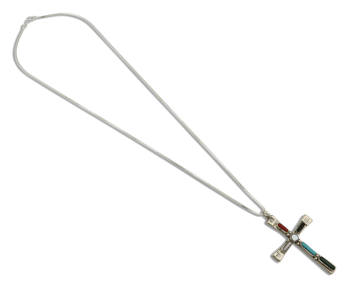 Zuni Handmade Cross Necklace 925 Silver Natural Gemstone Signed C. IULE C.80's