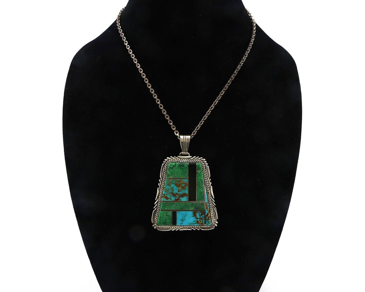 Navajo Necklace 925 Silver Turquoise & Onyx Artist Signed LTB C.80's
