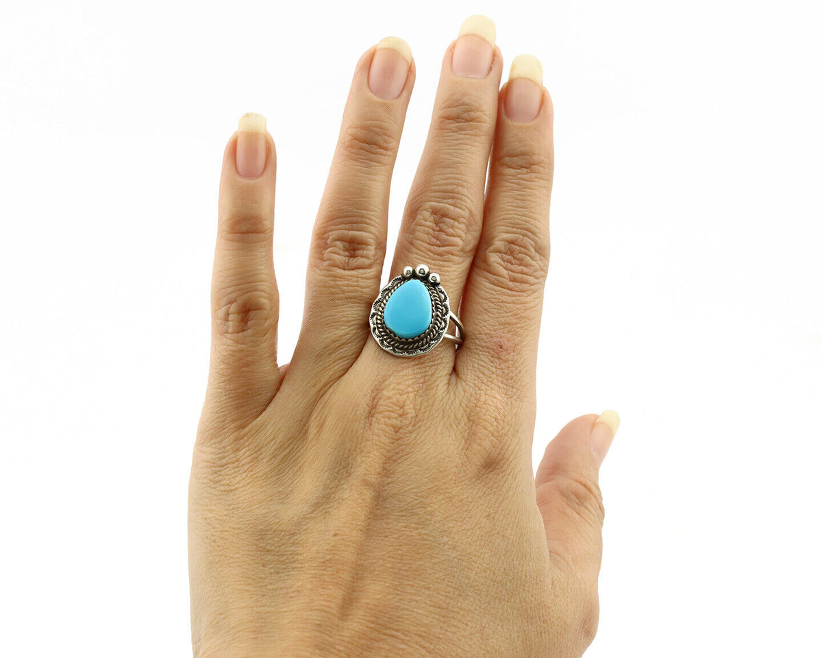 Navajo Ring .925 Silver Blue Turquoise Artist Signed Anna Begay C.1980's