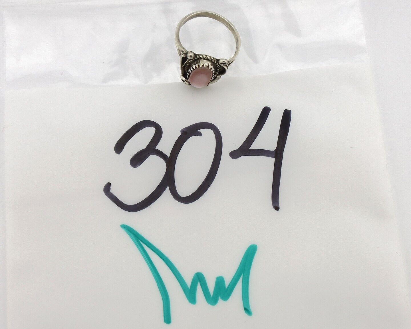 Navajo Ring .925 Silver Natural Pink Mussel Artist Signed Justin Morris C.80's