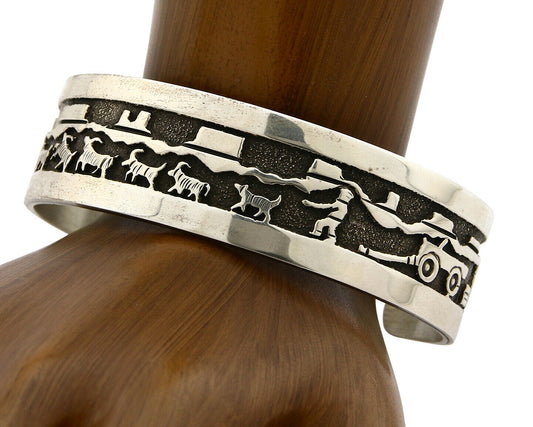 Navajo Bracelet .925 SOLID Silver Artist Signed BB Handmade Overlay C.80-90's