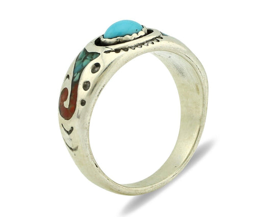 Navajo Handmade Ring 925 Silver Blue Turquoise & Coral Native American C.80's