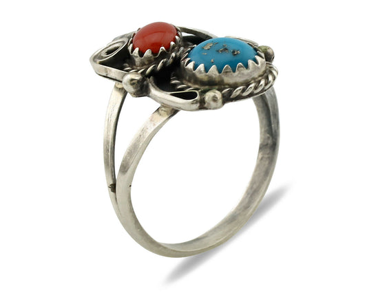 Navajo Ring .925 Silver Turquoise & Coral Artist Signed J Morris C.80's