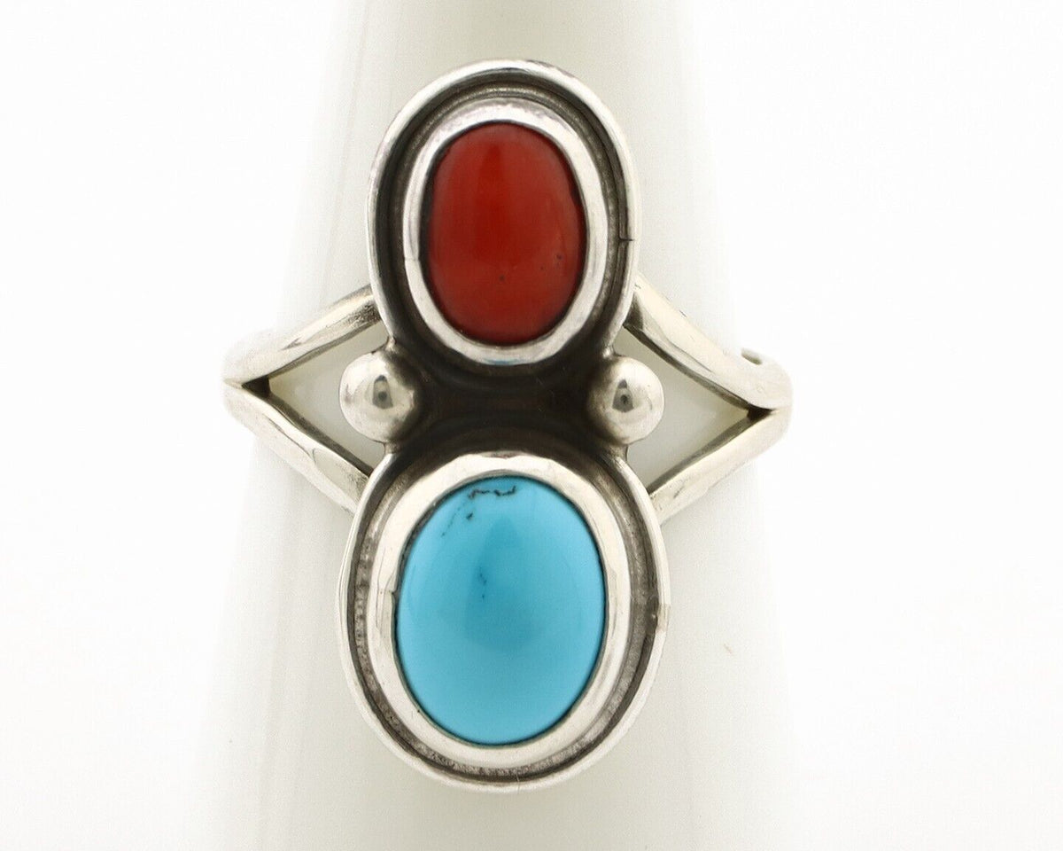 Navajo Handmade Ring 925 Silver Coral & Turquoise Native American Artist C.80's