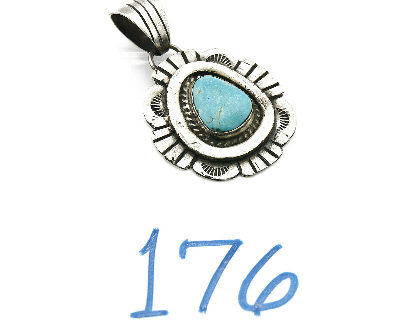 Navajo Pendant .925 Silver Kingman Turquoise Signed Artist FT C.80's