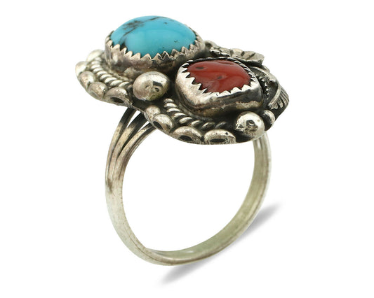 Navajo Ring .925 Silver Turquoise & Coral Artist Signed Thomas Singer C.80's