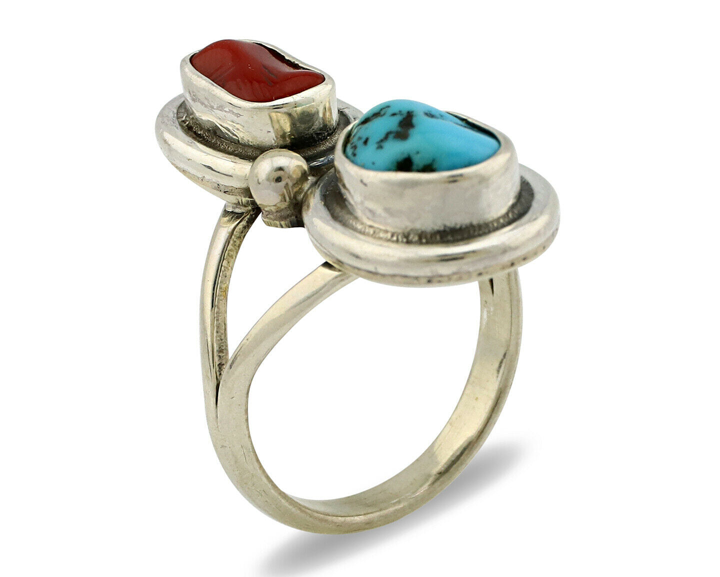 Navajo Ring .925 Silver Blue Turquoise & Red Coral Native American Artist C.80's