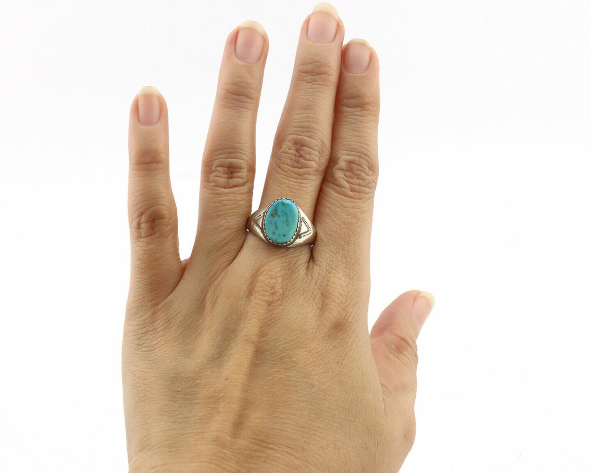 Zuni Ring .925 Silver Natural Blue Turquoise Native American Artist C.1980's