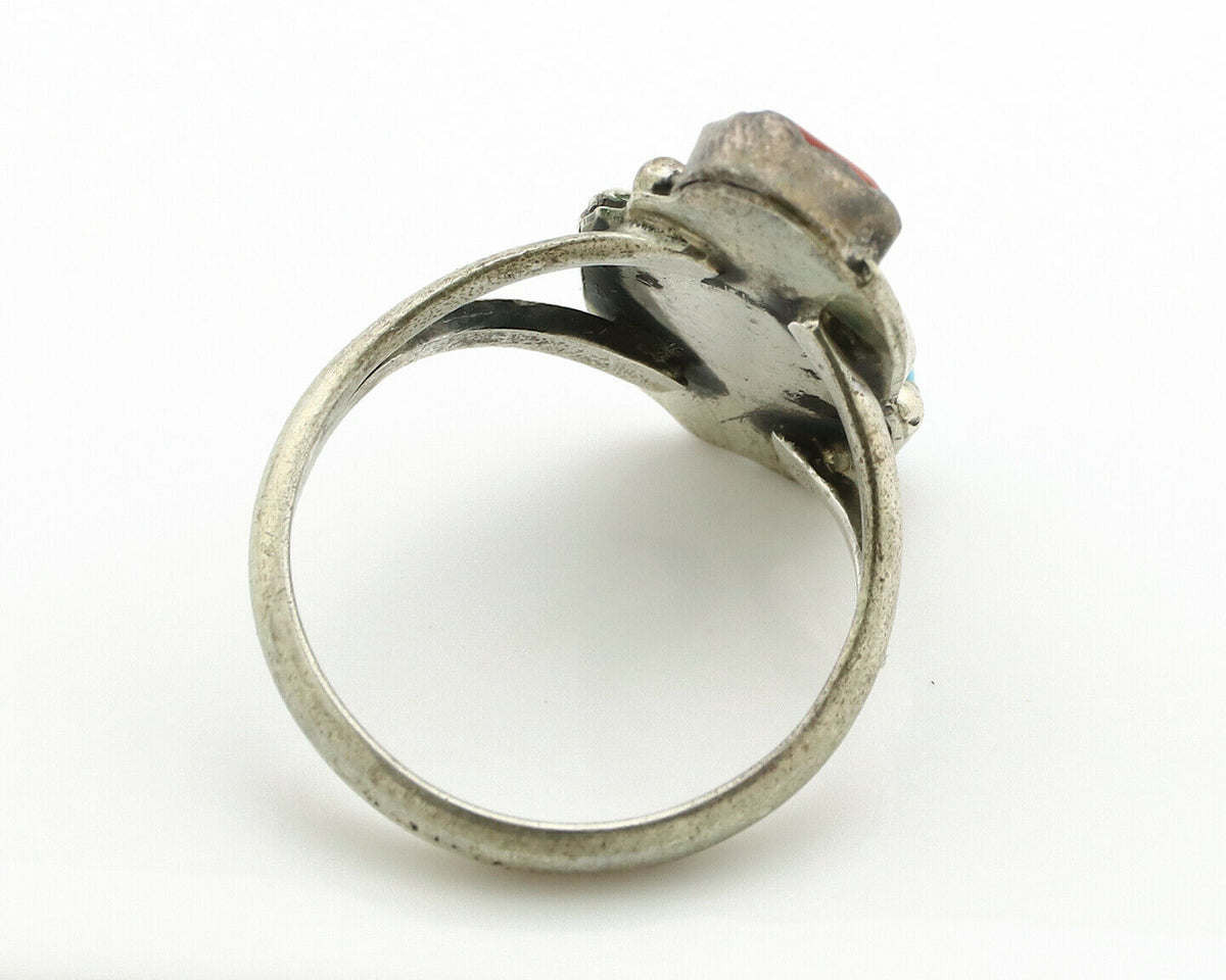 Navajo Ring .925 Silver Turquoise & Coral Native American Artist C.1980's