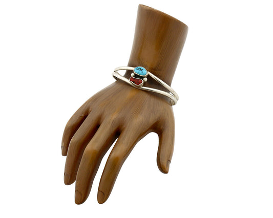 Navajo Bracelet .925 Silver Turquoise & Coral Artist Native American C.1980's