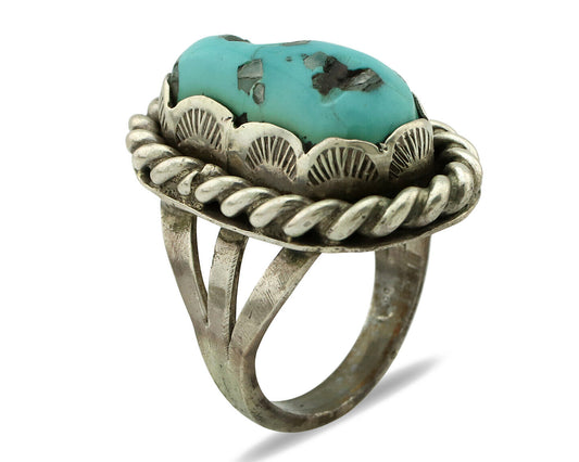 Navajo Ring 925 Silver Castle Dome Turquoise Native American Artist C.1980's
