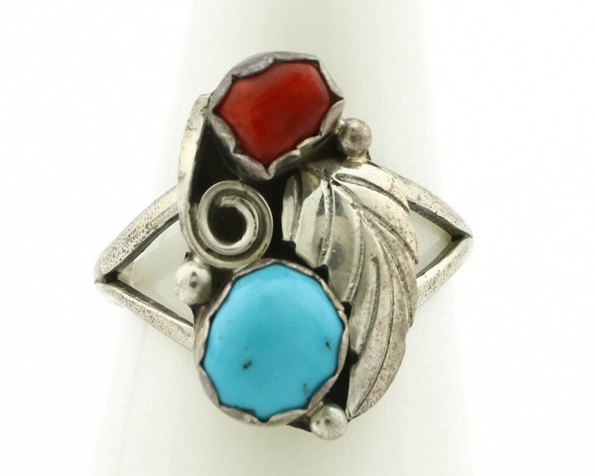Navajo Ring .925 Silver Turquoise & Coral Native American Artist C.1980's