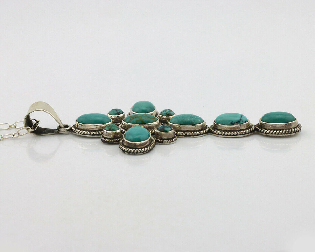 Navajo Cross Necklace .925 Silver Blue Green Turquoise Signed RB C.80's