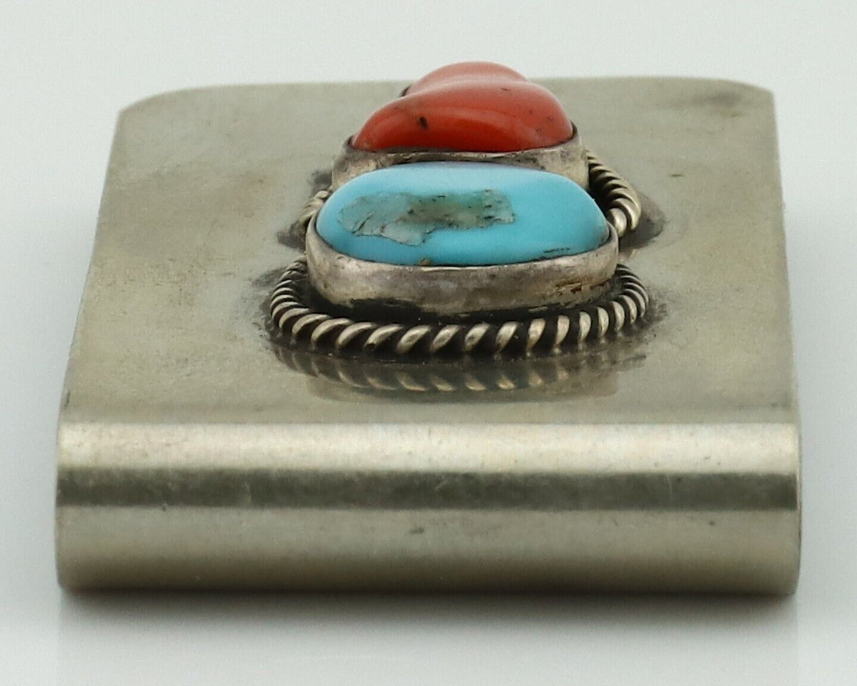 Navajo Money Clip 925 Silver & 999 Nickel Natural Turquoise & Coral Artist C80