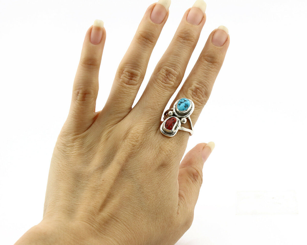 Navajo Ring .925 Silver Red Coral & Blue Turquoise Native Artist C.80's