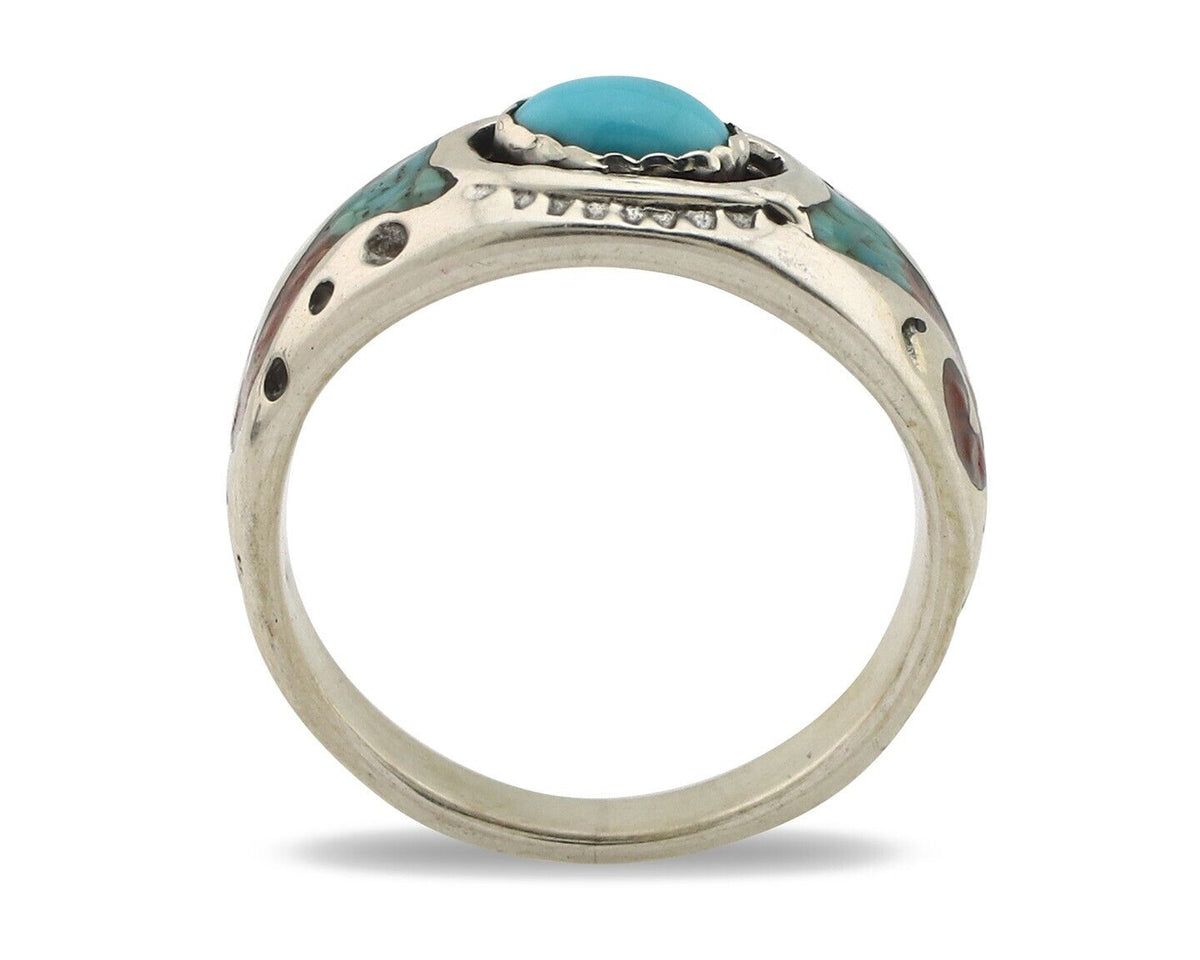 Navajo Inlay Band Ring 925 Silver Turquoise & Coral Native Artist C.80's