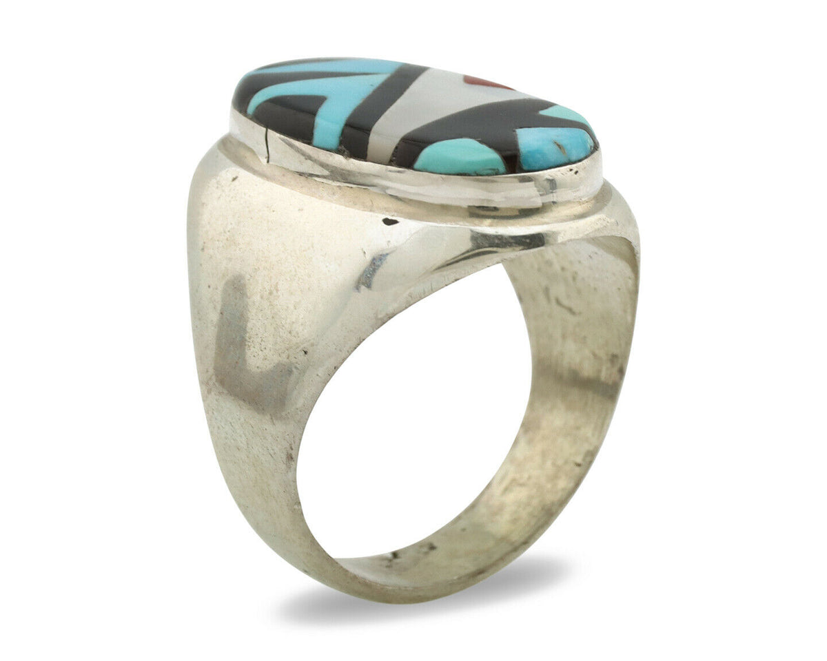 Zuni Inlaid Ring .925 Silver Gemstone Artist Richard & Geneva Terraza C.1980's