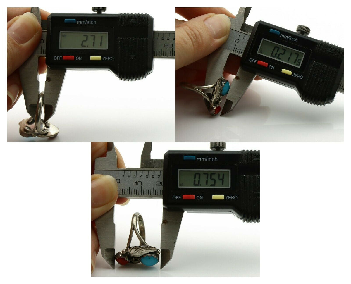 Navajo Ring .925 Silver Turquoise & Coral Native American Artist C.1980's