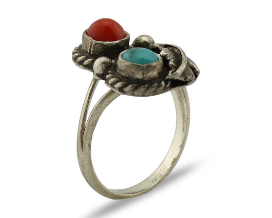 Navajo Handmade Ring 925 Silver Turquiose & Coral Native American Artist C.80's
