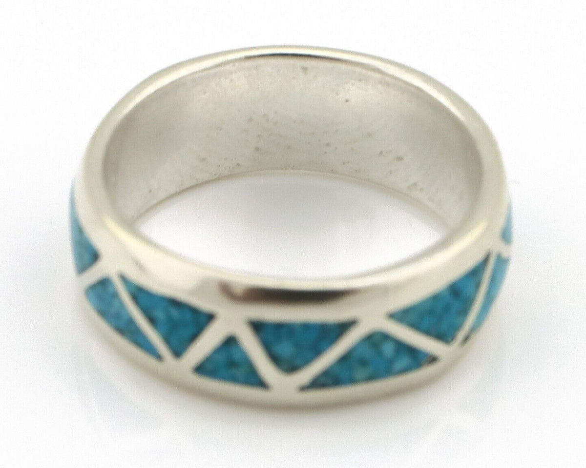 Navajo Chip Inlay Ring 925 Silver Sleeping Beauty Turquoise Artist Silver Cloud