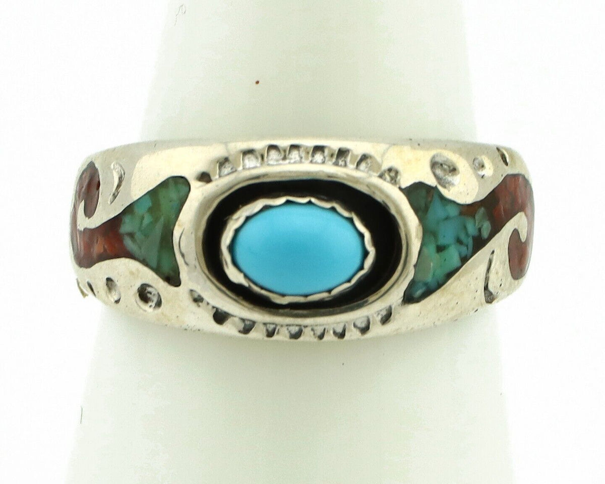 Navajo Handmade Ring 925 Silver Blue Turquoise & Coral Native American C.80's