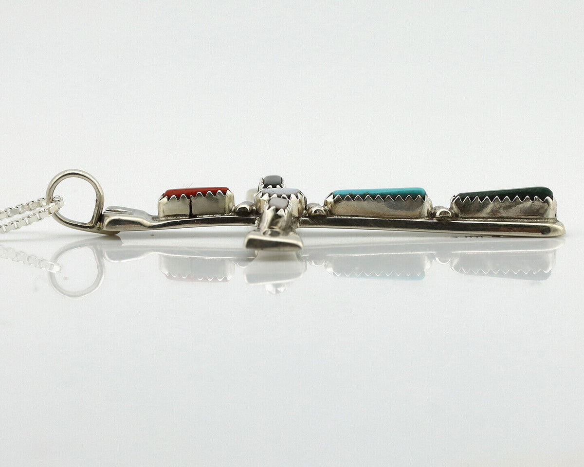 Zuni Handmade Cross Necklace 925 Silver Natural Gemstone Signed C. IULE C.80's