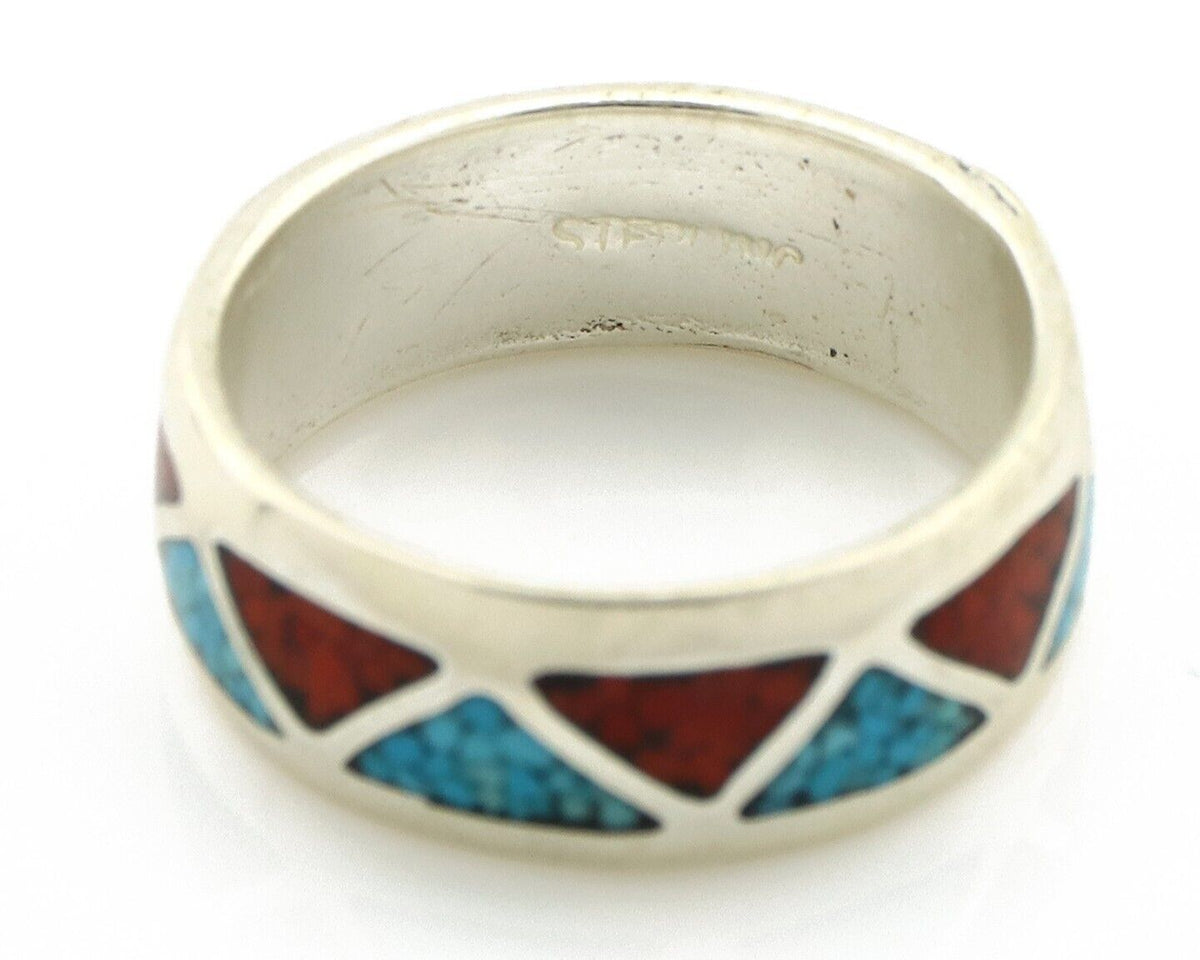 Navajo Chip Inlay Ring 925 Silver Sleeping Beauty Turquoise & Coral Silver Cloud