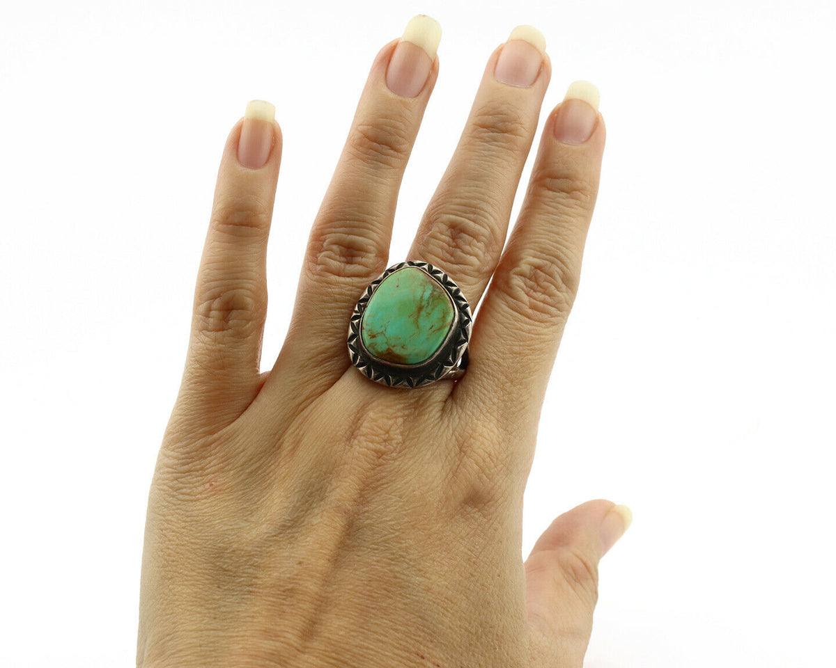 Navajo Ring .925 Silver Kingman Turquoise Artist Signed Gecko C.1980's