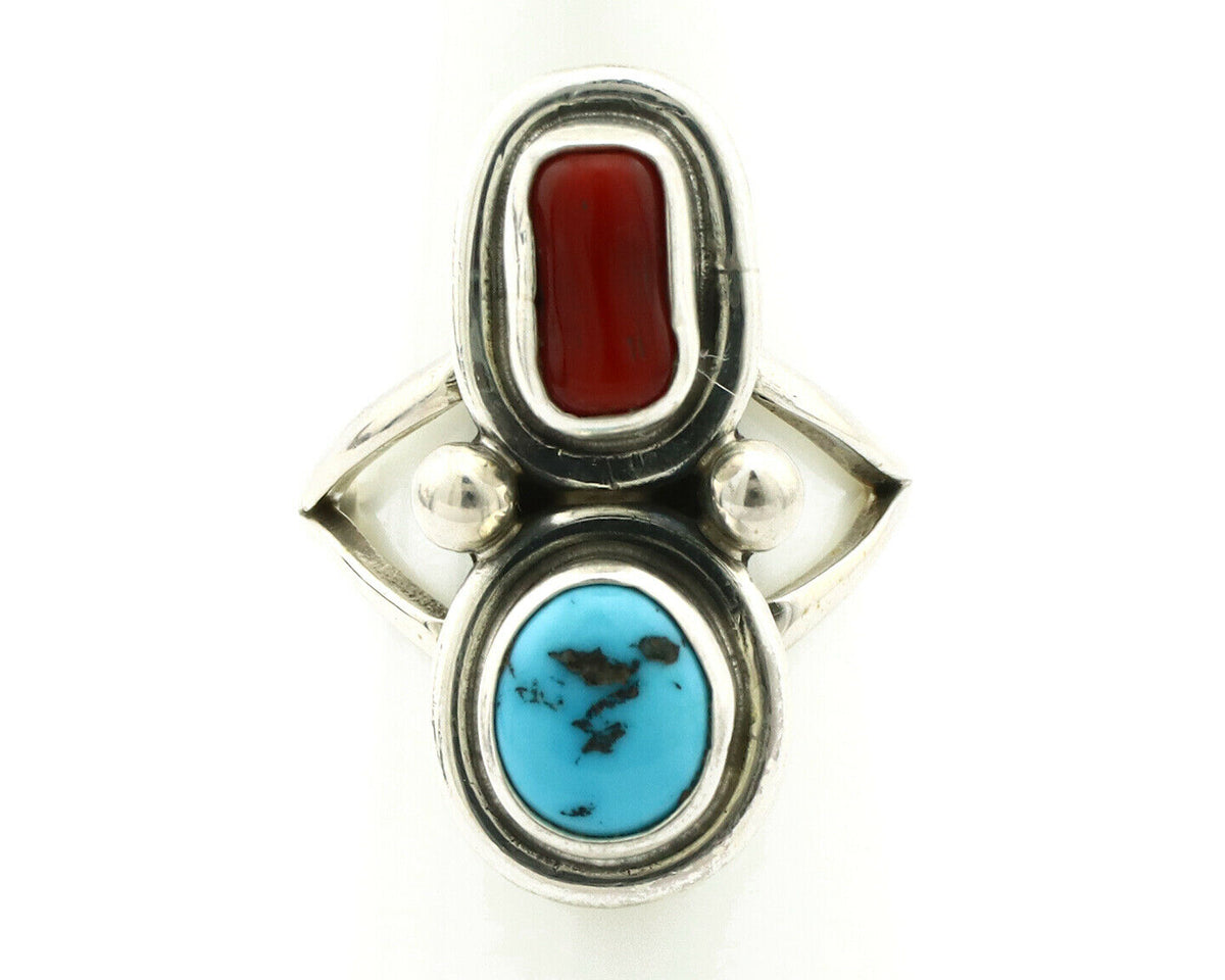 Navajo Ring .925 Silver Red Coral & Blue Turquoise Native Artist C.80's
