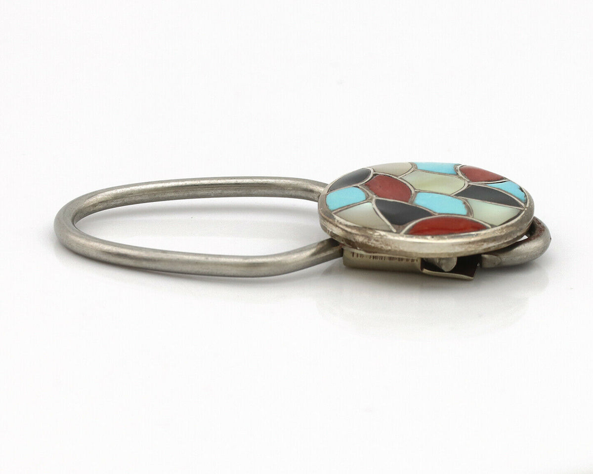 Zuni Key Chain .925 Silver Inlaid Gemstones Artist Signed RHG C.80's