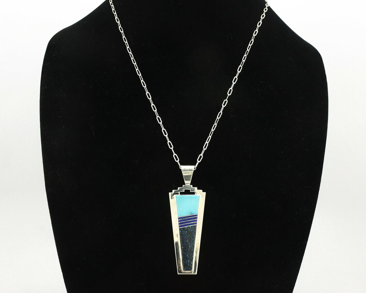 Navajo Necklace .925 Silver Landers Turquoise Signed H+V Thompson C.80's