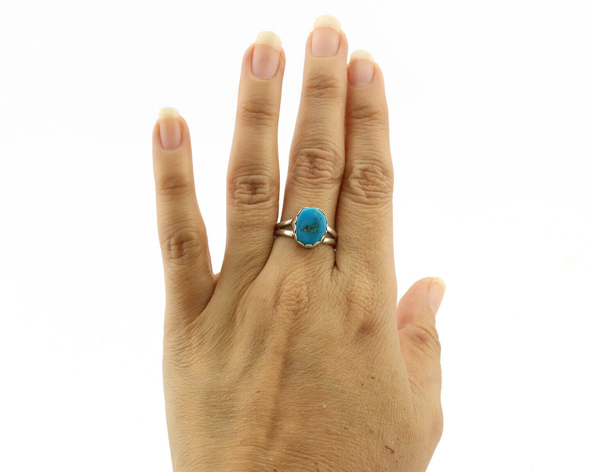 Navajo Ring .925 Silver Sleeping Beauty Turquoise Native American Artist C.1980s