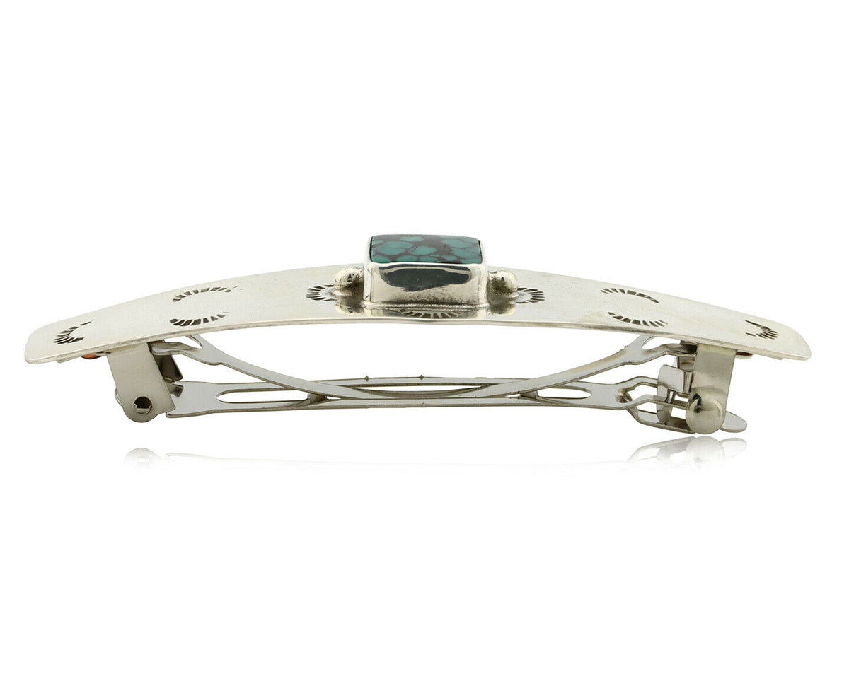 Navajo Hair Clip .925 Silver Green Spiderweb Turquoise Barrette C.80's