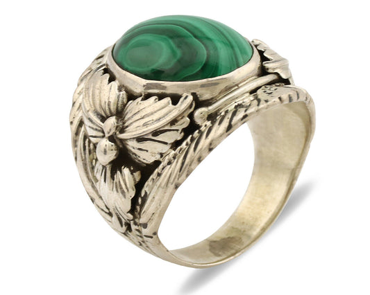 Navajo Ring .925 Silver Natural Green Malachite Artist Signed C.1980's