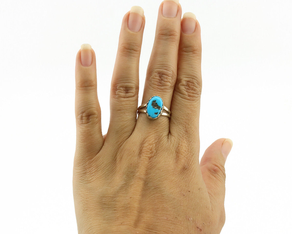 Navajo Ring .925 Silver Sleeping Beauty Turquoise Native American Artist C.1980s