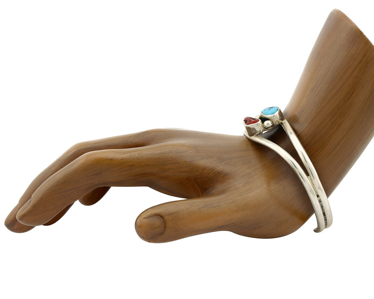 Navajo Bracelet .925 Silver Turquoise & Coral Artist Native American C.1980's