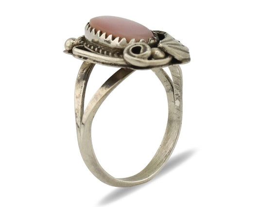 Navajo Ring .925 Silver Natural Pink Mussel Artist Signed Justin Morris C.80's