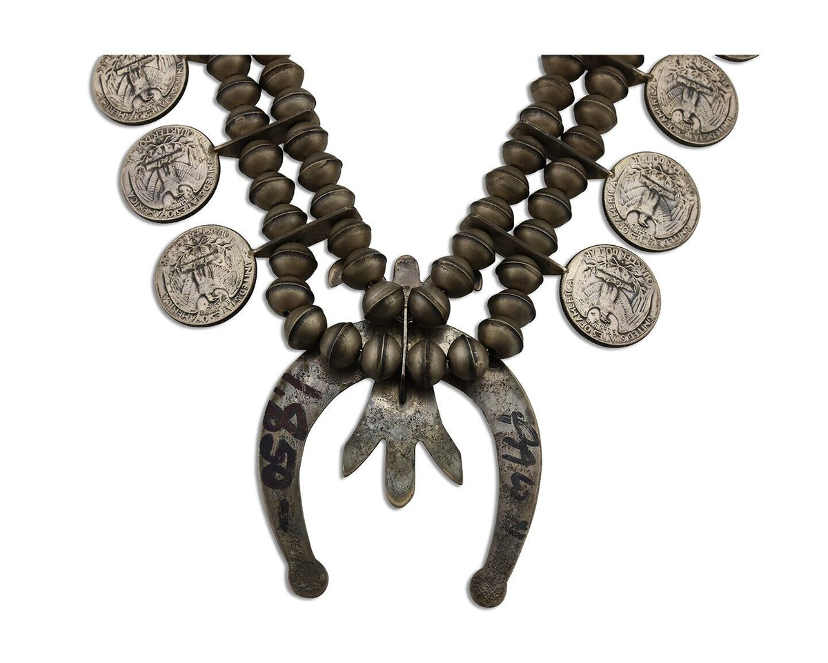 Navajo Coin Quarter Necklace 925 Silver Hand Stamped Native American Artist C80s