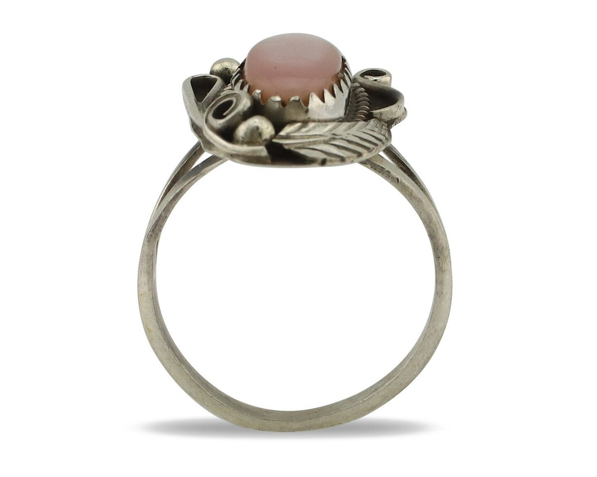 Navajo Ring .925 Silver Natural Pink Mussel Artist Signed Justin Morris C.80's
