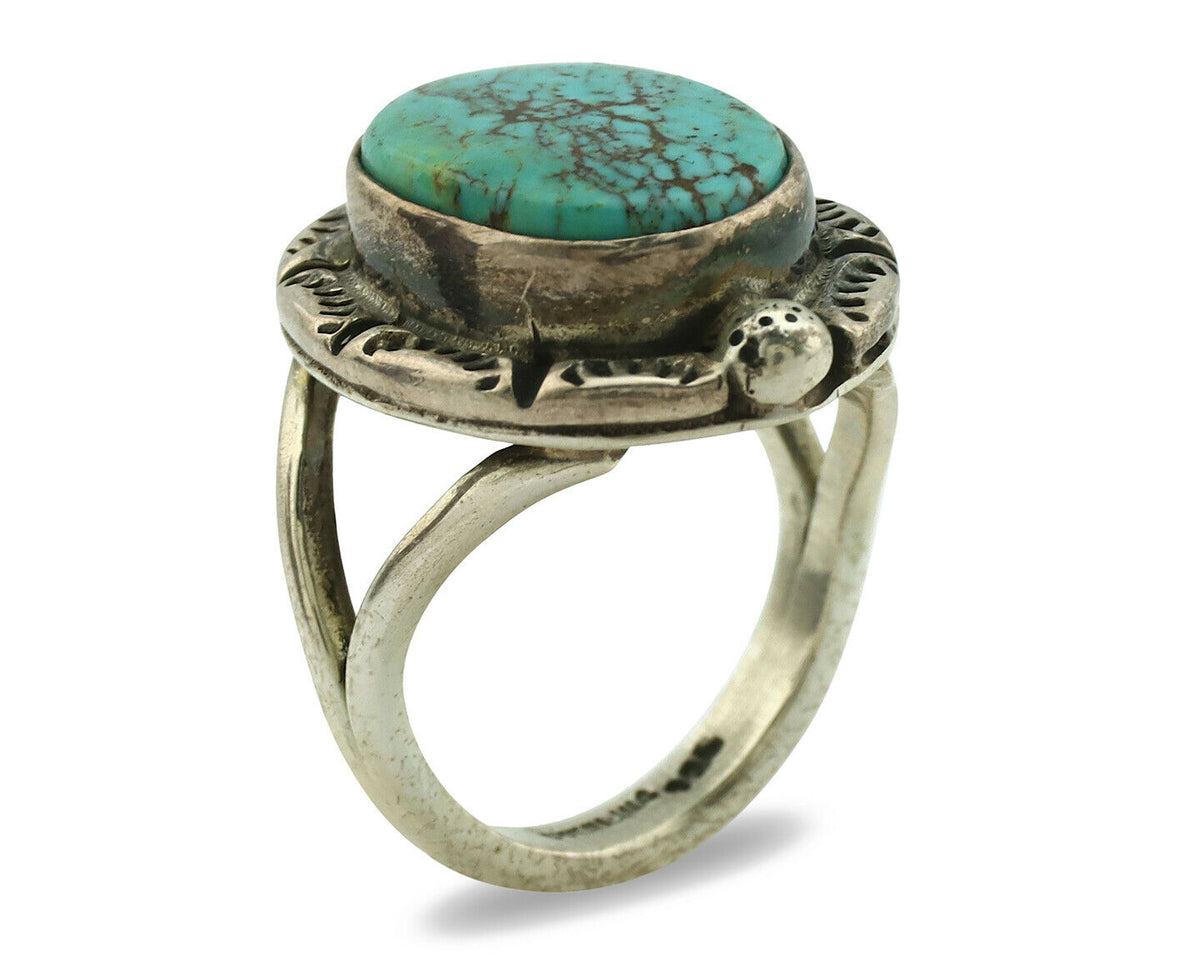 Navajo Ring .925 Silver Kingman Turquoise Artist Signed Gecko C.1980's