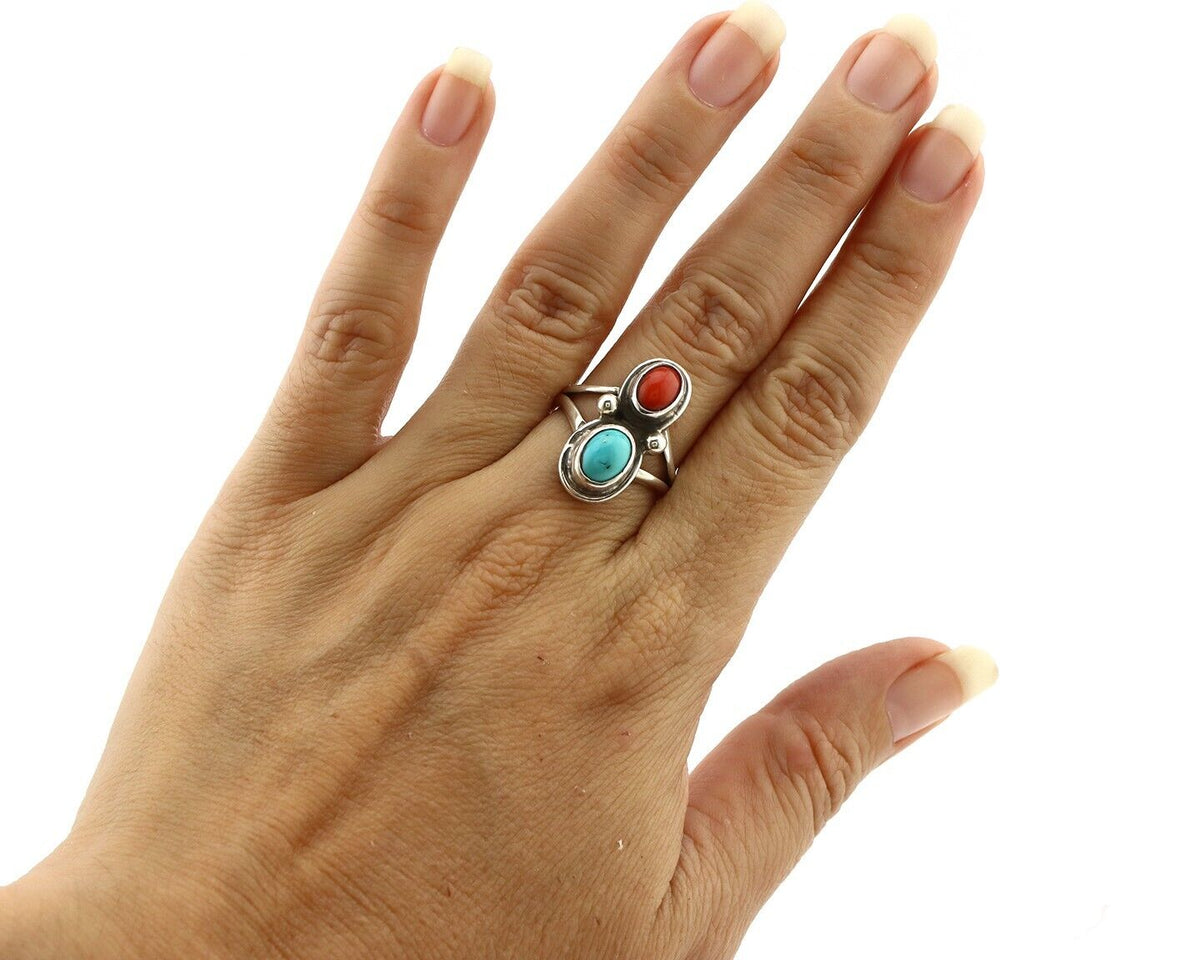 Navajo Handmade Ring 925 Silver Coral & Turquoise Native American Artist C.80's