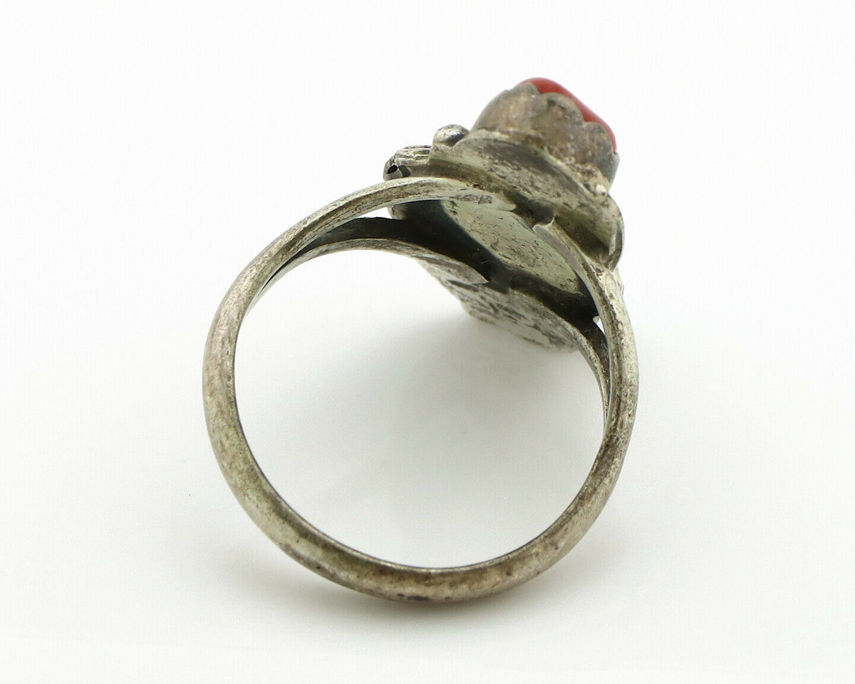 Navajo Ring .925 Silver Turquoise & Coral Native American Artist C.1980's