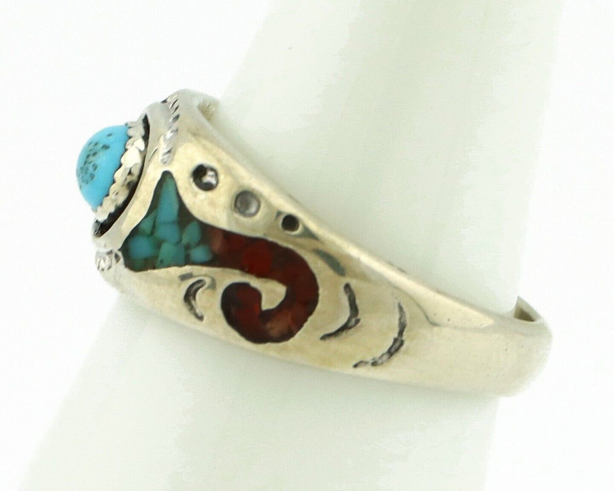 Navajo Handmade Ring 925 Silver Blue Turquoise & Coral Native American C.80's