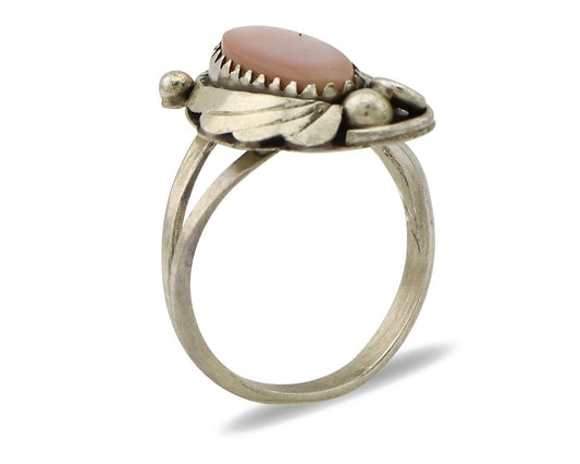 Navajo Ring .925 Silver Natural Pink Mussel Artist Signed Justin Morris C.80's