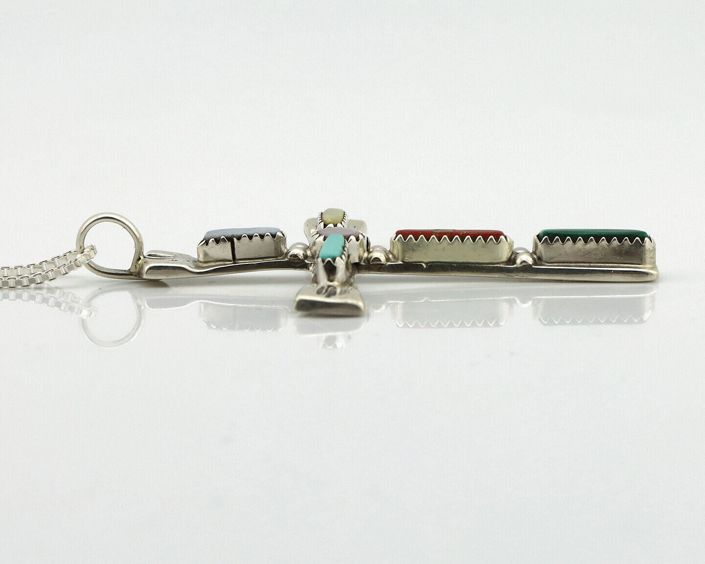 Zuni Handmade Cross Necklace 925 Silver Natural Gemstone Signed C. IULE C.80's